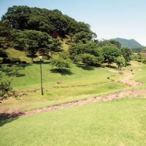 芝生の広がっているエリアに小高い山が隣接している写真