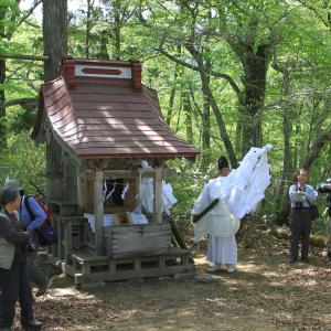 山中にある小さな神社と、御幣を携えた神主の写真