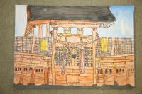 黒い屋根に木の柱でできている2本の鈴がある神社の絵画