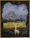 大きな洞穴の中からこちらに背を向けて外の野山を眺めるアルパカの絵画