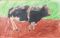茶色い地面に右向きに立つ一頭の牛が中央に描かれた絵画