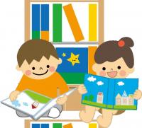 本棚の前で男の子と女の子が絵本を読んでいるイラスト