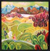 青や黄色や赤で表現した山や野原の自然の中を着物をきた女性二人と子供と犬が歩いている絵画