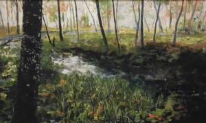 細い木々が点在する森の中の池の絵画
