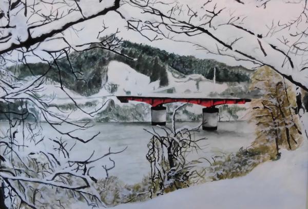 木々や橋のかかる川の景色一面が雪に覆われている冬の季節の絵画