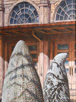 大和町吉岡にある武道館とその敷地にある石柱2本が描かれた絵画