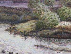 七ツ森湖での水際で釣りを楽しむ人々を遠目から描いた絵画