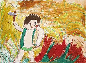 アサヒナサブロウが荒れ地を開拓する様子を描いた絵画
