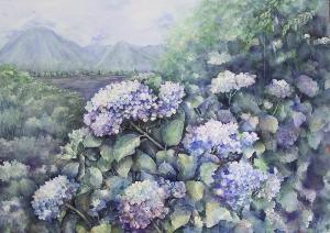 後方に七ツ森、前方に紫陽花が描かれた作品