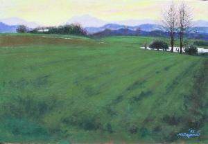 宮城県の釜房山の朝の時間帯を描いた絵画