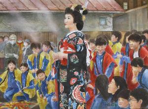 中央に和装の花嫁が立ち、その周りに黄色と赤の法被を着た子供たちが並んでいる作品
