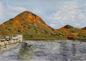 紅葉した山々とダムの湖面が描かれた絵画