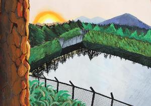 宮床中学校から見える貯水池と山々を描いた絵画