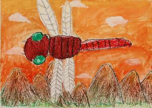 七ツ森を背に夕焼けの空を飛ぶ一匹の赤とんぼの絵画