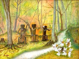 明るい森で弦楽器を持つ三人の人物と六匹の白い猫の絵画