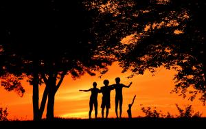 夕焼けを背景に木の下で黒い影になり肩を組んだ三人の少年の写真