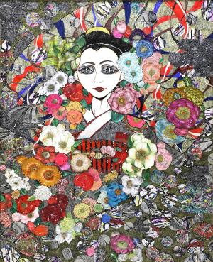 色とりどりの花に囲まれた日本髪で着物姿の女性の絵画