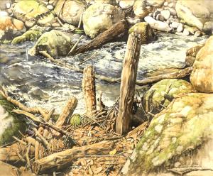 流れる小さな川と流木、中央に立つ二本の流木の絵画