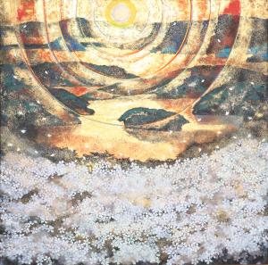 太陽と光の輪、咲き誇る桜の花を描いた絵画