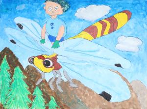 山々の上をしま模様のトンボに乗って飛ぶ少年の絵画