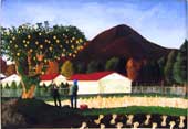 紅く染まった山を背景に黄色の実がなっている木から棒を使って実を収穫している人の絵画