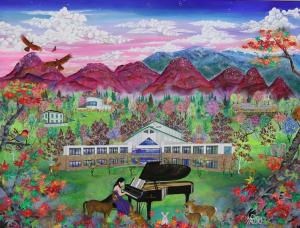 色とりどりの草木や紫色の山に囲まれて、建物の前で動物たちに囲まれながらピアノを弾く女性の絵画