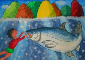 色とりどりの山々と水中で大きな魚に手を伸ばす少年の絵画