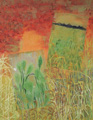 稲と紅葉が生い茂っている中に2枚の草と田んぼが描かれた絵が置かれている絵画