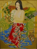 山々や流れる川を背景に上半身が裸で下半身に着物を着た女性が草を見つめて座っている絵画