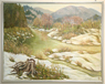 山々を背景に野に積雪が残る中一本の切り株の上にも雪が残っている絵画