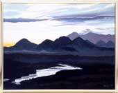 白んだ空を背景に連なる山々と中央に通る川を青色をベースに描いた絵画