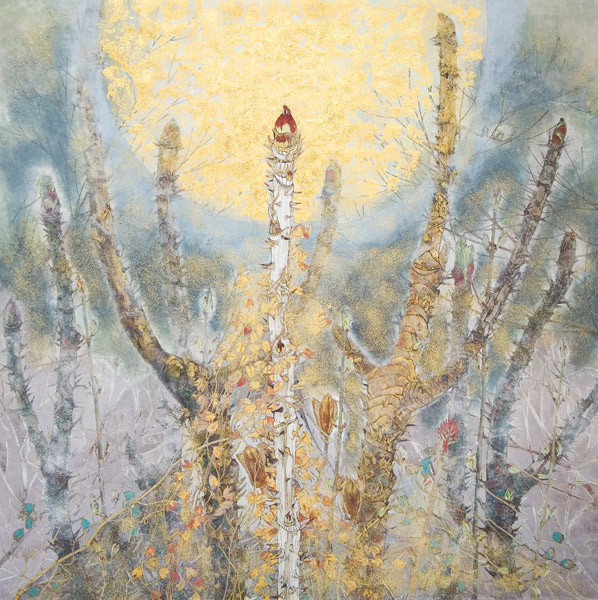 月明かりに照らされた木の枝の先端に花のつぼみができている絵画