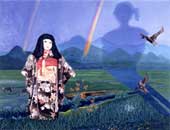 山や田んぼの自然を背景に着物を着た日本人形と大きな人影が描かれている絵画