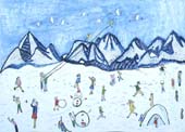 山や野に一面雪が積もっている中で雪だるまづくりや凧揚げをして遊んでいる様子の絵画