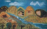 青空の下の山や川で、鳥や魚などの動物たちが暮らす様子を描いた絵画
