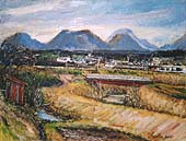 遠くに山の見える街並みを背景に、河原と川に架かる赤と白の橋を描いた絵画