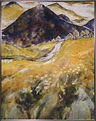 大きな山の見える黄色の草花に囲まれた山道と、白い花を描いた絵画