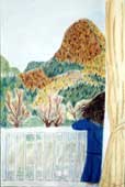 柵に寄りかかる青い服を着た女性の後ろ姿と、黄色やオレンジ色の山や木々を描いた絵画