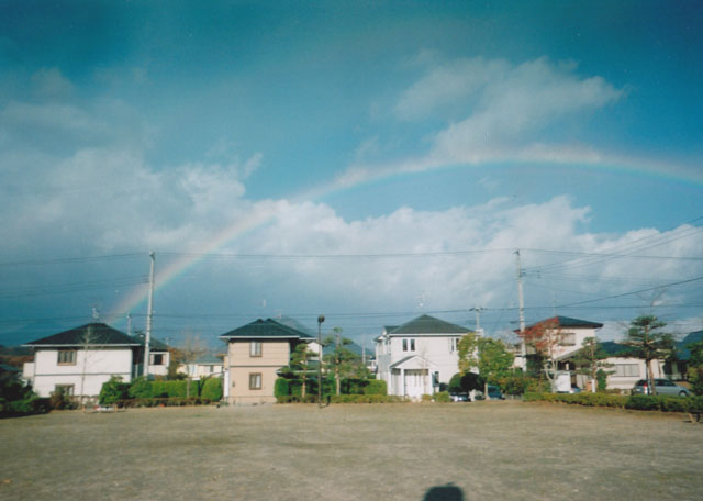 青い空の下に並ぶ複数の家の上に大きな虹がかかっている写真