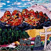 青空と紅葉した山々、三体の地蔵のカラフルに描かれた絵画