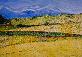 青空と遠くに山の見える、黄色や緑色の草花に囲まれた草原を描いた絵画