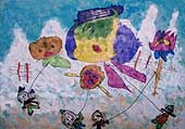 子供たちが大きなキャラクターの凧で青空を飛んでいる様子を描いた絵画