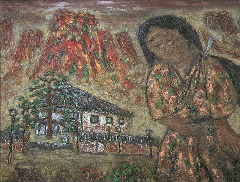 山々の下の大木が生えている白い家の前でお腹を押さえた様子の女性が描かれている絵画