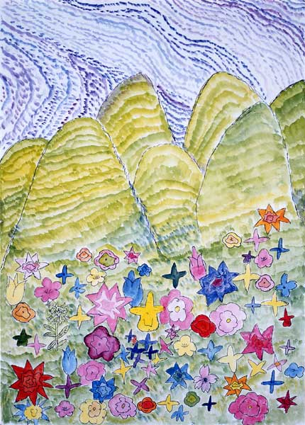 緑のグラデーションの山々の下で色とりどりの花が咲いている絵画