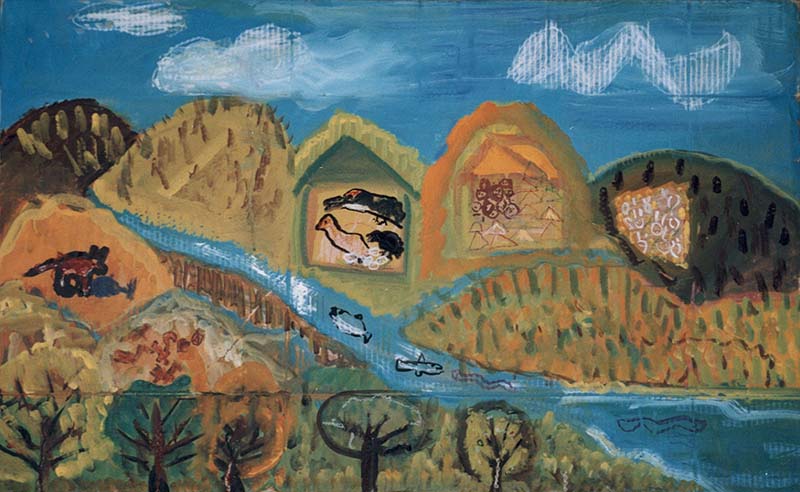 青空の下の山や川で、鳥や魚などの動物たちが暮らす様子を描いた絵画