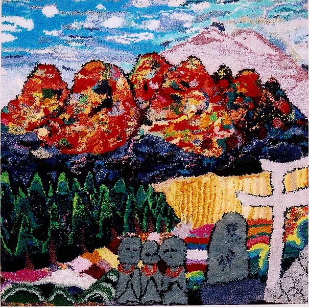 青空と紅葉した山々、三体の地蔵のカラフルに描かれた絵画