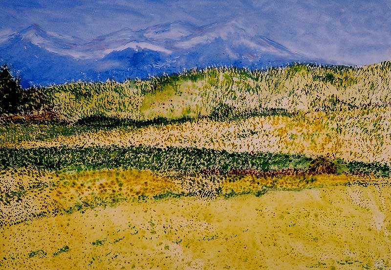 青空と遠くに山の見える、黄色や緑色の草花に囲まれた草原を描いた絵画