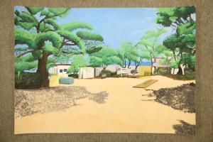 緑の葉が生い茂っている木が周りを囲んでいる公園の絵画