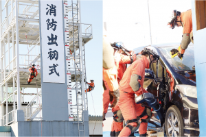 黒川消防出初式で実施された車両事故の際の救助訓練や高所での救助訓練の写真
