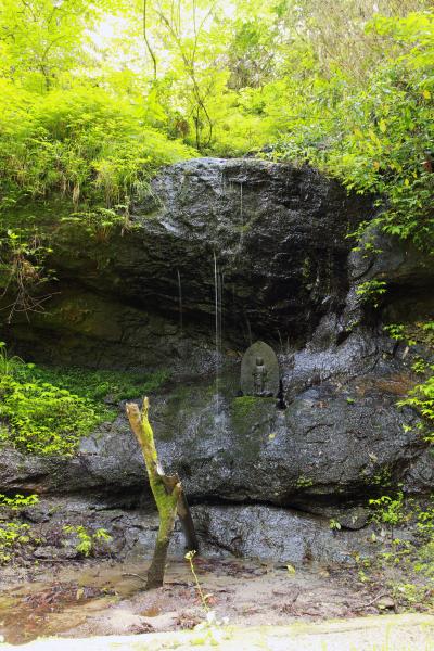 小さな滝があり、真ん中に不動明王像がある写真